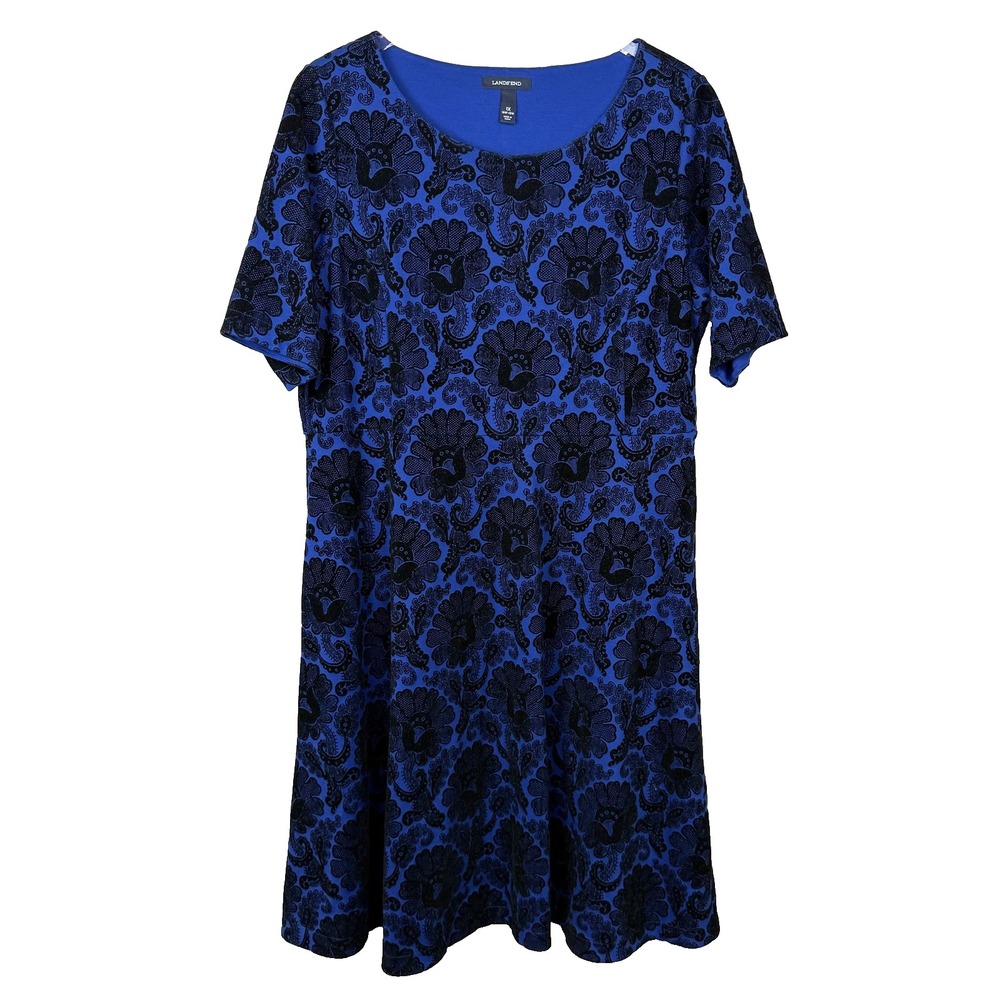 Lands' End Dress Womens 1X Blue Black Floral‎ Knit A-Line Short Sleeve Casual